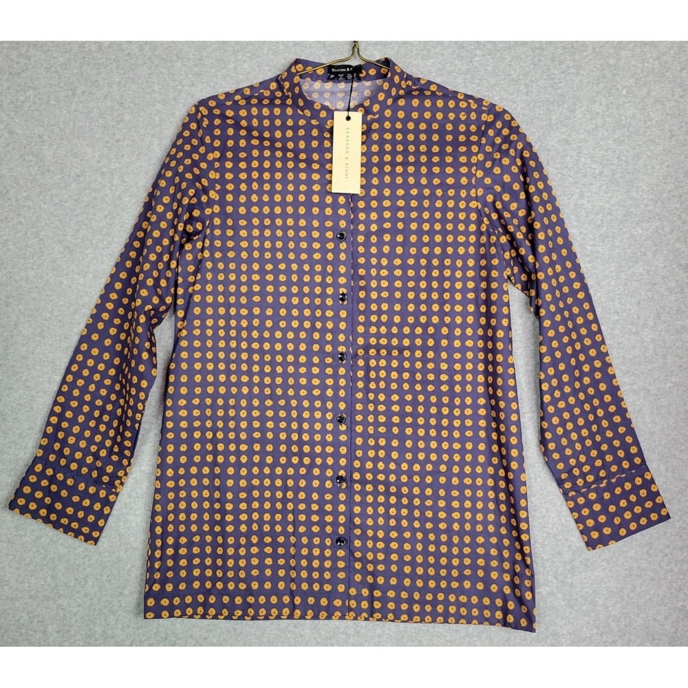 Saaksha & Kinni Indigo Gold Polka Dot Mandarin Collar Button Down Shirt Blouse L